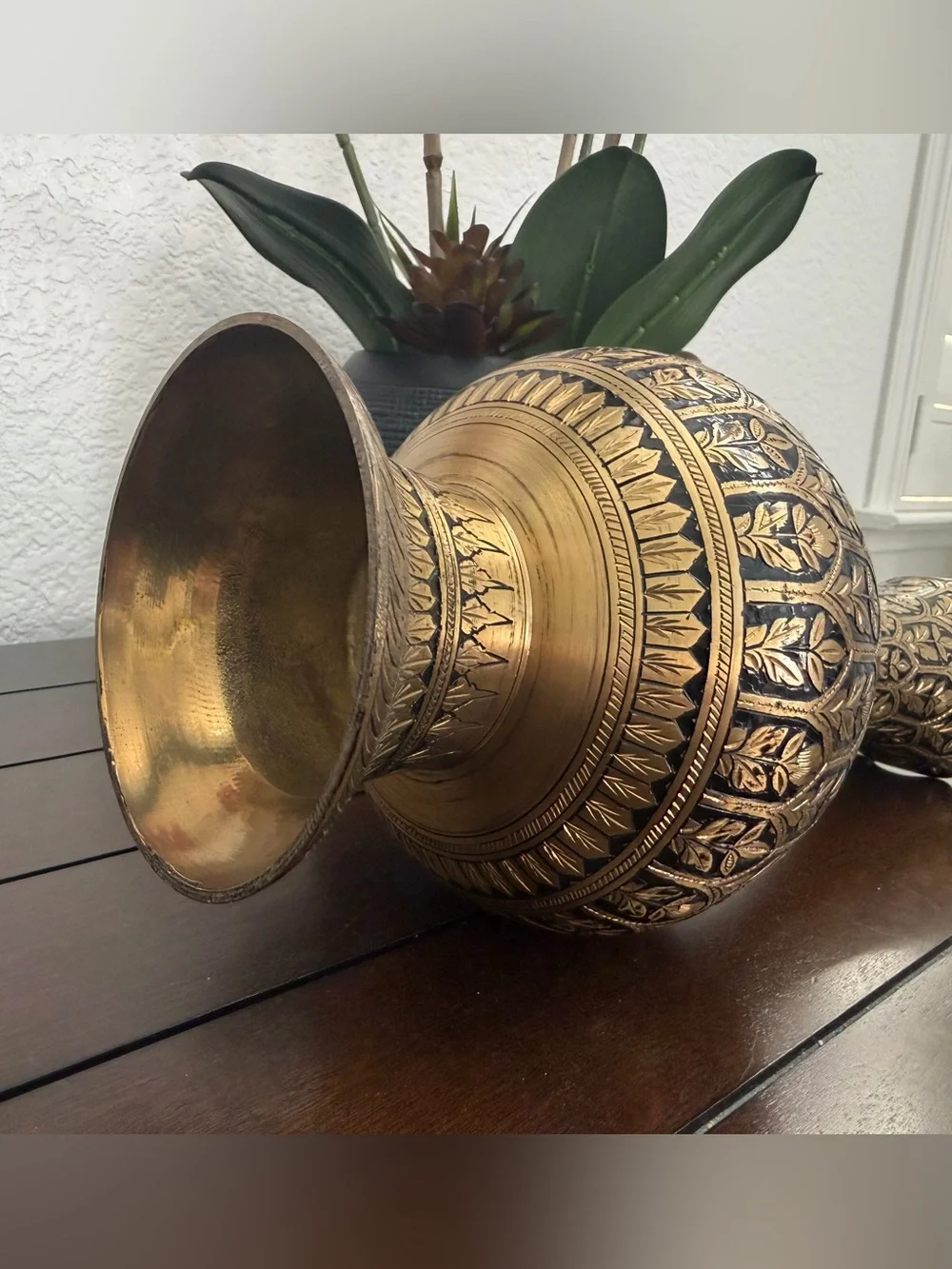 Vintage Hand-Carved Brass Vase with Black Lacquer Etching